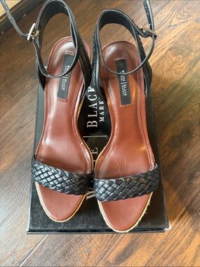 White House Black Market Black Braided Leather Ankle-Strap Sandals